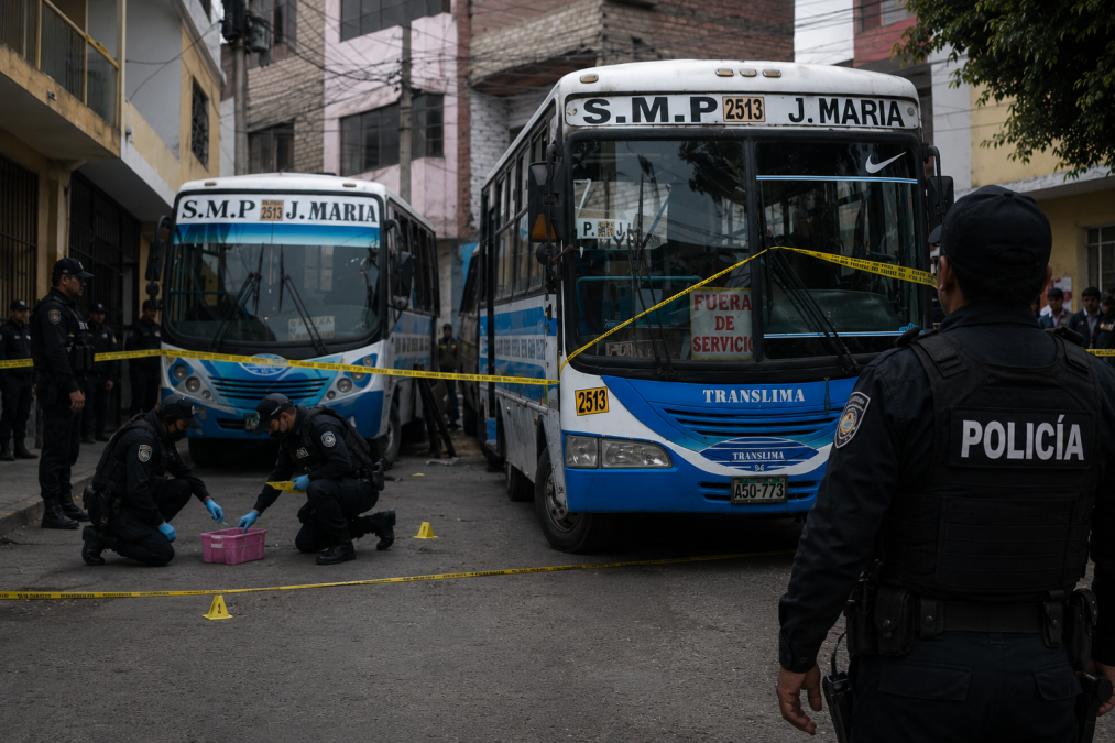 San Martín — Agentes de la Policía Nacional del Perú resguardan los buses del sistema Transmilenio tras el fin de una paralización por amenazas de extorsión. Foto de: Perú21