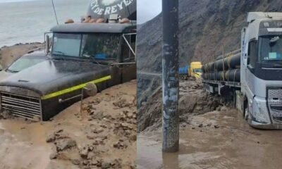 bloqueos viales — Camiones de transporte quedan atrapados en una vía afectada por el colapso de terrenos y el impacto de los huaicos. Foto de: Gestión