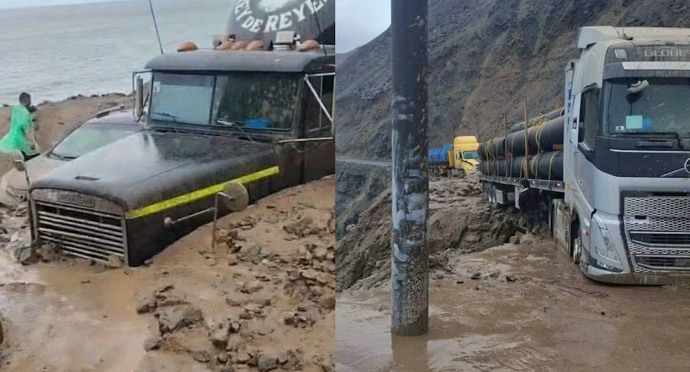 bloqueos viales — Camiones de transporte quedan atrapados en una vía afectada por el colapso de terrenos y el impacto de los huaicos. Foto de: Gestión