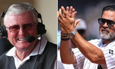 Medias Blancas — Las imágenes muestran a figuras clave del béisbol, incluyendo al exjugador Ozzie Guillén y un árbitro durante un partido de las Grandes Ligas. Foto de: MLB.com