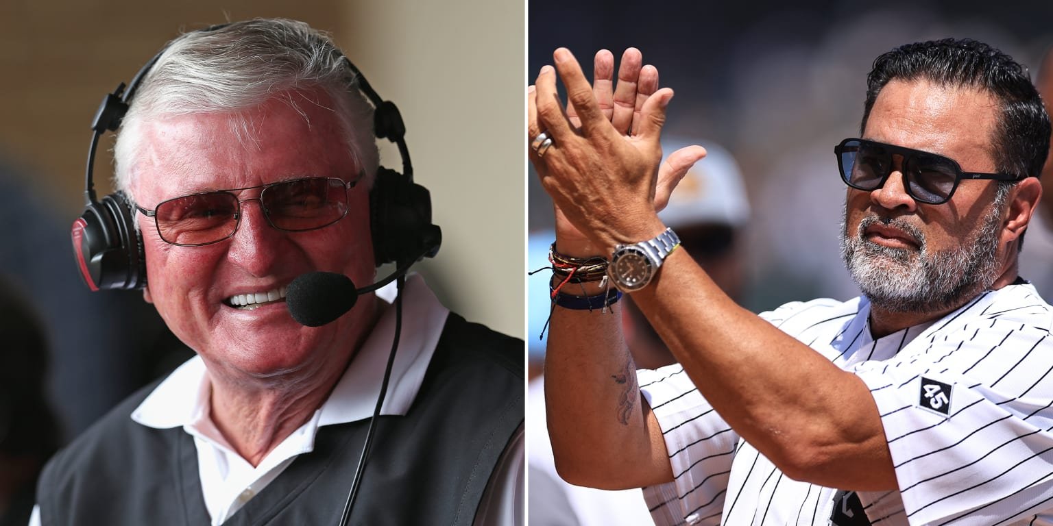 Medias Blancas — Las imágenes muestran a figuras clave del béisbol, incluyendo al exjugador Ozzie Guillén y un árbitro durante un partido de las Grandes Ligas. Foto de: MLB.com
