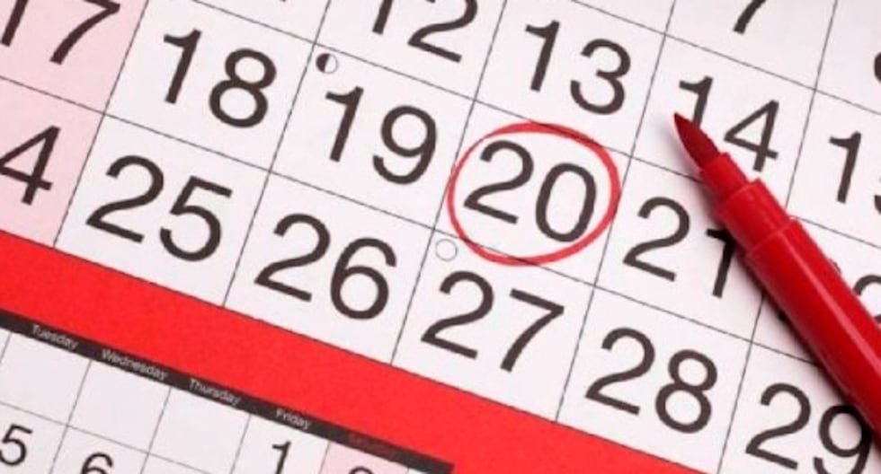 MEF propone trasladar — Calendario con el día 20 resaltado en rojo, ilustrando la organización de los feriados y días no laborables en Perú. Foto de: Gestión