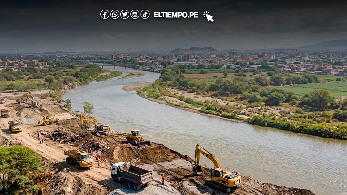 canon petrolero — Maquinaria pesada trabaja en las riberas de un río en Piura para ejecutar proyectos de prevención de desastres naturales. Foto de: ELTIEMPO.PE