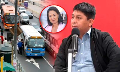 reunión Transportes Unidos Keiko — Imagen compuesta que muestra una calle con un autobús, el retrato de una mujer y un hombre hablando frente a un micrófono. Foto de: Exitosa Noticias