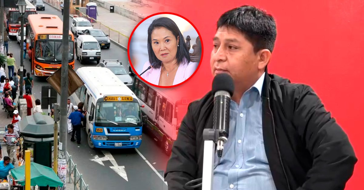 reunión Transportes Unidos Keiko — Imagen compuesta que muestra una calle con un autobús, el retrato de una mujer y un hombre hablando frente a un micrófono. Foto de: Exitosa Noticias