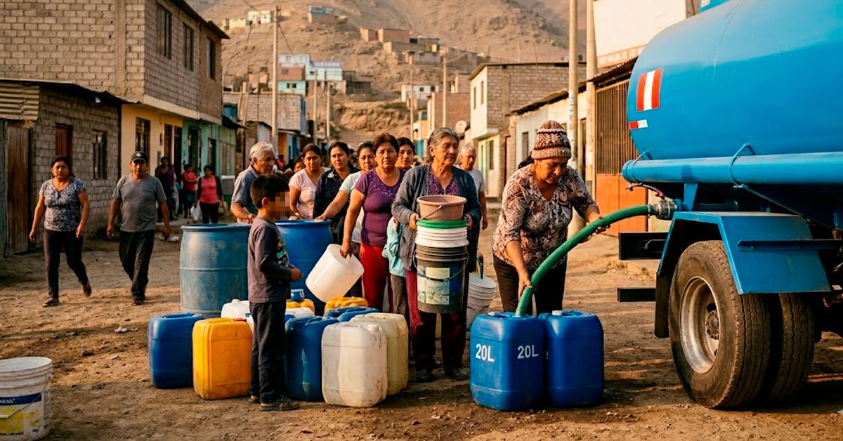 agua programados — Vecinos de una zona rural recolectan agua de un camión cisterna ante la escasez y cortes del suministro. Foto de: Exitosa Noticias