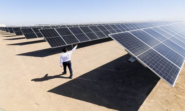 Un técnico inspecciona paneles solares en una planta de energía renovable que impulsa el desarrollo en Arequipa. Foto de: El Peruano