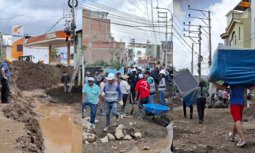 Ejecutivo declara emergencia — Trabajadores y residentes colaboran en labores de limpieza y reparación de infraestructura tras las intensas lluvias en la región de Arequipa. Foto de: El Búho