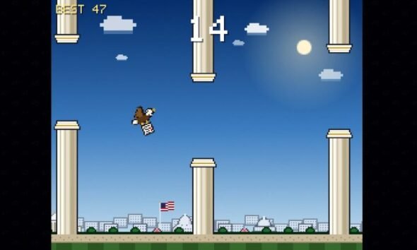 juegos arcade Casa Blanca — Captura de pantalla del juego tipo arcade lanzado por la Casa Blanca donde se muestra a un personaje en un entorno con muros. Foto de: cnnespanol.cnn.com