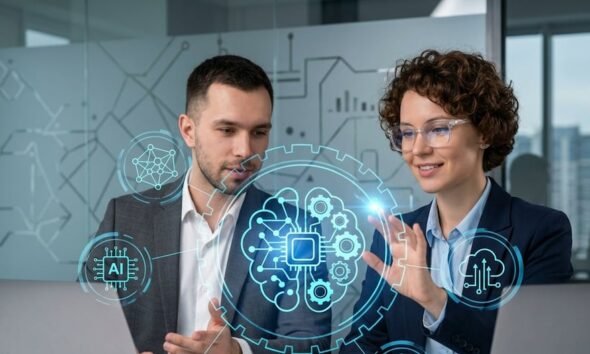 Representación gráfica de profesionales analizando el impacto de la inteligencia artificial y la automatización en el mercado laboral. Foto de: Gestión