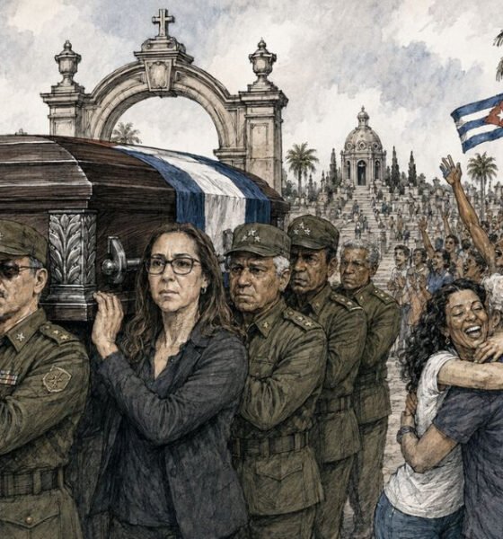 Una ilustración generada por IA muestra un féretro cubano custodiado por militares, simbolizando la expectativa por la muerte de Raúl Castro. Foto de: CiberCuba/ChatGPT