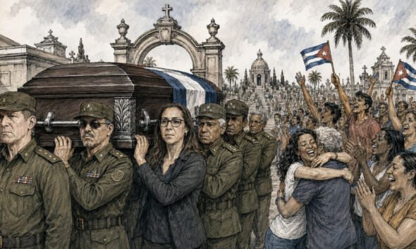 Una ilustración generada por IA muestra un féretro cubano custodiado por militares, simbolizando la expectativa por la muerte de Raúl Castro. Foto de: CiberCuba/ChatGPT