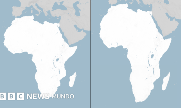 mapamundi tamaño África — Comparativa entre la proyección de Mercator y la proyección Equal Earth para mostrar el tamaño real del continente africano. Foto de: BBC News Mundo