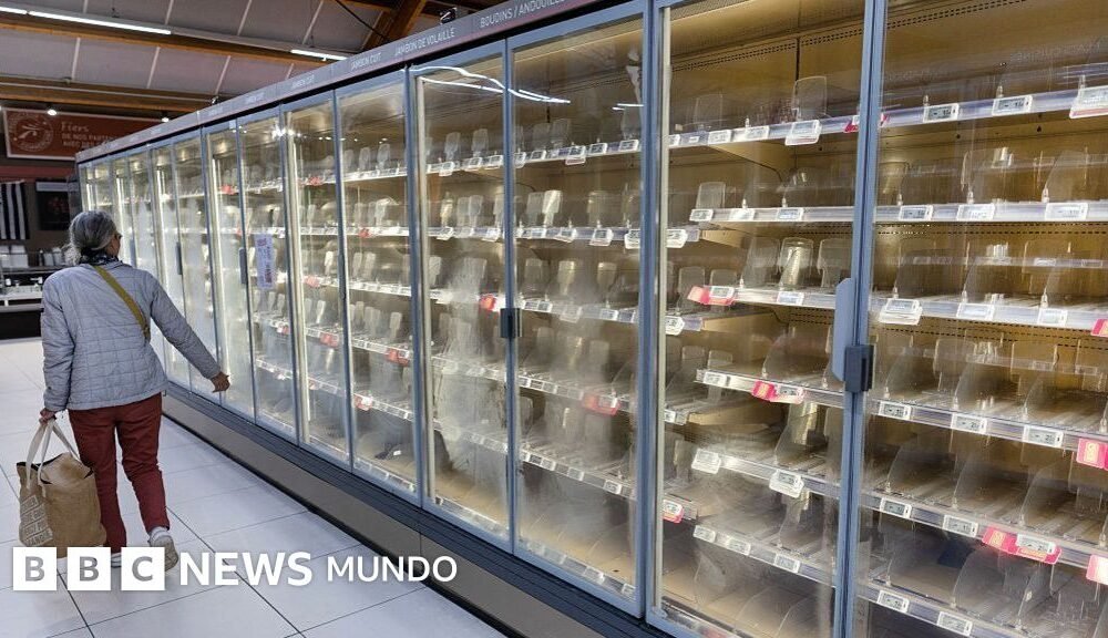 Ciberataque Francia afecta — Una mujer observa las vitrinas refrigeradas vacías en un supermercado francés tras un ciberataque que afectó a los sistemas de refrigeración. Foto de: Getty Images