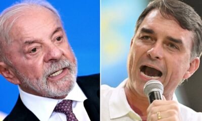 Flávio Bolsonaro — Un hombre de barba canosa y un hombre hablando por un micrófono en dos imágenes contiguas. Foto de: Gestión